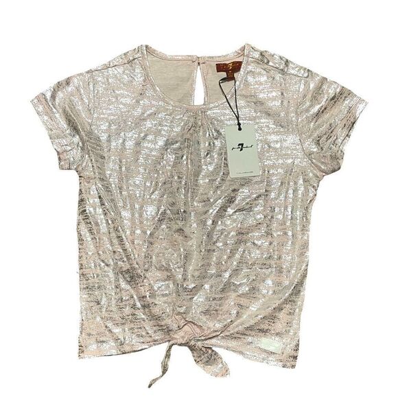 7 For All Mankind Pale Pink Metallic Crop Top Tie Cropped Blush Silver 15741 - Picture 1 of 6